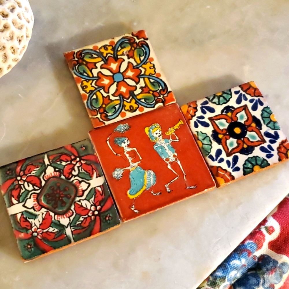 Lot (4) Mexico Skeleton💀Day of Dead Dancing Band Talavera 2" Tiles